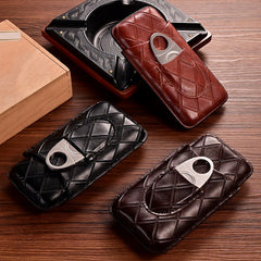 Brown Diamond Leather Mens 3pcs Cigar Case With Cutter Leather Cigar Cases for Men