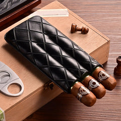 Brown Diamond Leather Mens 3pcs Cigar Case With Cutter Leather Cigar Cases for Men