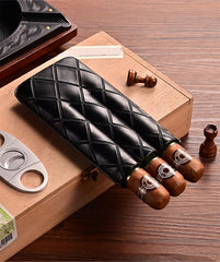 Brown Diamond Leather Mens 3pcs Cigar Case With Cutter Leather Cigar Cases for Men