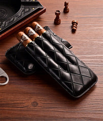 Brown Diamond Leather Mens 3pcs Cigar Case With Cutter Leather Cigar Cases for Men