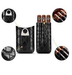 Brown Diamond Leather Mens 3pcs Cigar Case With Cutter Leather Cigar Cases for Men