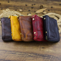 Brown Men Leather Zip Billfold Small Chain Wallet with Coin Pocket Biker Bifold Chain Wallet for Men - imessengerbags