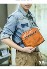 Fashion Black Leather Men Small Vertical Messenger Bag Side Bag Brown Courier Bag For Men