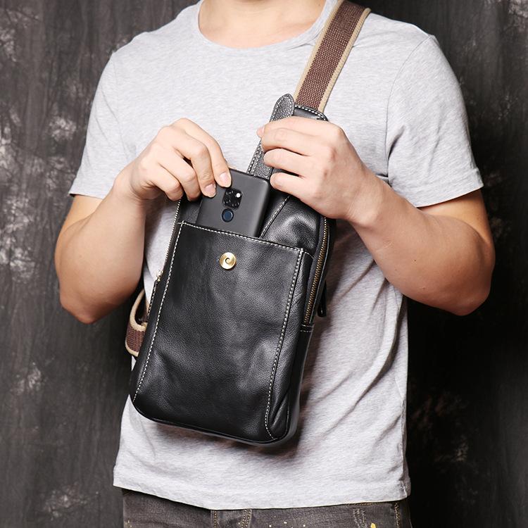 Fashion Black Leather Sling Backpack Men s Sling Bag Black Chest