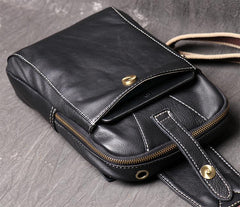 Fashion Black Leather Sling Backpack Men's Sling Bag Black Chest Bag One shoulder Backpack Black Sling Pack For Men - imessengerbags
