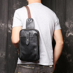 Fashion Black Leather Sling Backpack Men's Sling Bag Black Chest Bag One shoulder Backpack Black Sling Pack For Men - imessengerbags