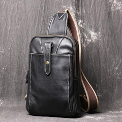 Fashion Black Leather Sling Backpack Men's Sling Bag Black Chest Bag One shoulder Backpack Black Sling Pack For Men - imessengerbags