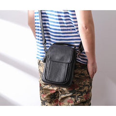 Fashion Black Leather MENS Vertical Small Side Bag Black Messenger Bag Courier Bag For Men