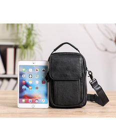 Fashion Black Leather MENS Vertical Small Side Bag Black Messenger Bag Courier Bag For Men