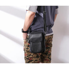 Fashion Black Leather MENS Vertical Small Side Bag Black Messenger Bag Courier Bag For Men