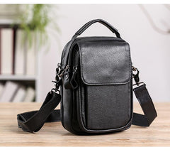 Fashion Black Leather MENS Vertical Small Side Bag Black Messenger Bag Courier Bag For Men