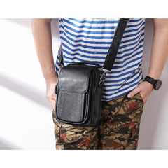 Fashion Black Leather MENS Vertical Small Side Bag Black Messenger Bag Courier Bag For Men