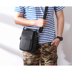 Fashion Black Leather MENS Vertical Small Side Bag Black Messenger Bag Courier Bag For Men