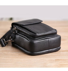 Fashion Black Leather MENS Vertical Small Side Bag Black Messenger Bag Courier Bag For Men