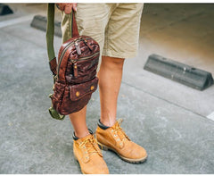 Fashion Black Leather Men Sling Bag Chest Bag Army Green Leather Sling Pack One Shoulder Backpack For Men - imessengerbags