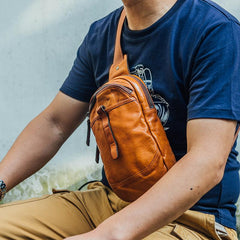 Fashion Brown Leather Men Sling Pack Chest Bag Sling Bag Cool Coffee Leather One Shoulder Backpack For Men - imessengerbags