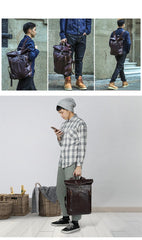 Fashion Coffee Leather Men's 15 inches Rollup Backpack Computer Backpack School Backpack For Men