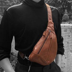 Fashion Brown Leather Men's Sling Bags Chest Bag Fashion Brown One shoulder Backpack Sling Bag For Men - imessengerbags