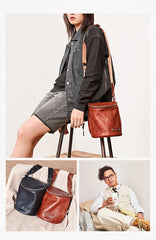 Fashion Brown Leather Mens Womens Bucket Side Bag Black Bucket Messenger Bag For Men and Women - imessengerbags