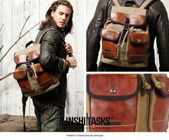Fashion Canvas Leather Mens Khaki Backpack School Backpack Black Canvas Travel Backpack For Men