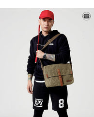 Fashion Waxed Canvas Leather Mens Army Green Side Bags Messenger Bags Khaki Casual Canvas Courier Bag for Men