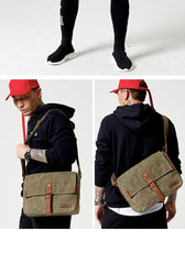 Fashion Waxed Canvas Leather Mens Army Green Side Bags Messenger Bags Khaki Casual Canvas Courier Bag for Men