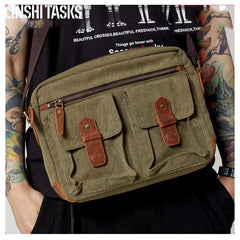 Fashion Canvas Leather Mens Khaki Side Bag Messenger Bags Army Green Canvas Courier Bag for Men - imessengerbags