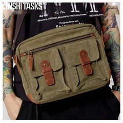 Fashion Canvas Leather Mens Khaki Side Bag Messenger Bags Army Green Canvas Courier Bag for Men