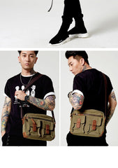 Fashion Canvas Leather Mens Khaki Side Bag Messenger Bags Army Green Canvas Courier Bag for Men