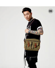 Fashion Canvas Leather Mens Khaki Side Bag Messenger Bags Army Green Canvas Courier Bag for Men