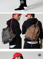 Fashion Canvas Leather Mens Bucket Sling Bag Sling Pack Khaki Canvas Sling Backpack for Men