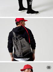 Fashion Canvas Leather Mens Bucket Sling Bag Sling Pack Khaki Canvas Sling Backpack for Men - imessengerbags