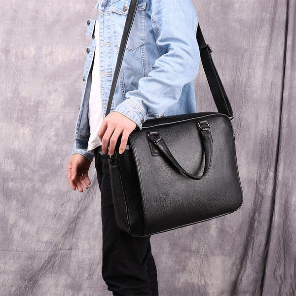 Fashion Black Leather Men's Professional Briefcase Handbag 14'' Computer Briefcase For Men - imessengerbags