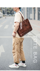 Vintage Brown Leather Men Womens Tote 15 inches Amber Brown Tote Bag Shoulder Tote Bag For Men - imessengerbags