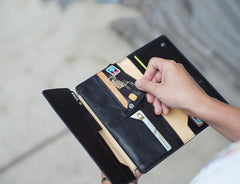Casual Leather Men's Black Trifold Long Wallet Passport Wallet For Men - imessengerbags