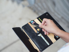 Fashion Leather Men's Trifold Long Wallet Black Gray Long Wallet For Men - imessengerbags