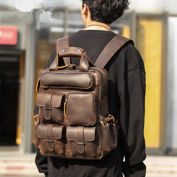 Vintage Leather Men's Travel Backpack 14inch Laptop Backpack School Backpack For Men - imessengerbags
