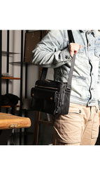 Black Genuine Leather Mens Cool Small Side Bag Messenger Bag Black Courier Bag for Men - imessengerbags
