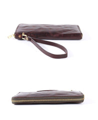 Cool Leather Mens Clutch Simple Brown Wallet Zipper Clutch Wristlet Phone Purse for Men - imessengerbags