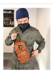 Vintage Black Leather Mens Cool Chest Bag Sling Bag Crossbody Pack Tan One Shoulder Backpack for men - imessengerbags