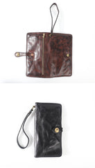 Leather Mens Cool Vintage Wallet Bifold Long Leather Biker Wallet Black Clutch Wristlet Wallet for Men