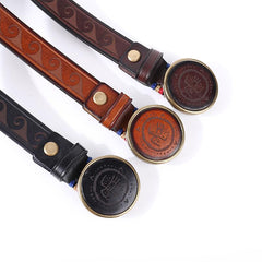 Genuine Tooled Leather Mens Embossed Black Belt Smooth Buckle Belt Brown Around Belt For Men - imessengerbags