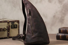 Genuine Brown Mens Cool Sling Bag Leather Vintage Crossbody Bag Chest Bag Travel Bag for men