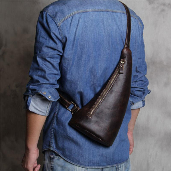 Genuine Brown Mens Cool Sling Bag Leather Vintage Crossbody Bag Chest Bag Travel Bag for men - imessengerbags