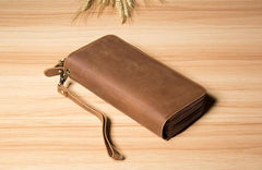 Genuine Cool Leather Mens Clutch Vintage Wallet Double Zipper Clutch Wristlet Bag Wallet for Men