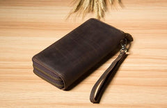 Genuine Cool Leather Mens Clutch Vintage Wallet Double Zipper Clutch Wristlet Bag Wallet for Men