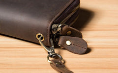 Genuine Cool Leather Mens Clutch Vintage Wallet Double Zipper Clutch Wristlet Bag Wallet for Men