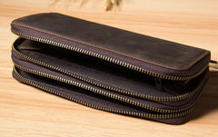 Genuine Cool Leather Mens Clutch Vintage Wallet Double Zipper Clutch Wristlet Bag Wallet for Men