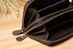 Genuine Cool Leather Mens Clutch Vintage Wallet Double Zipper Clutch Wristlet Bag Wallet for Men