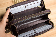Genuine Cool Leather Mens Clutch Vintage Wallet Double Zipper Clutch Wristlet Bag Wallet for Men